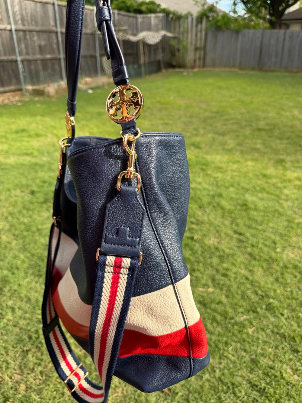 Tory Burch Navy White Red Stripe Leather Hobo Bag - Picture 8 of 13